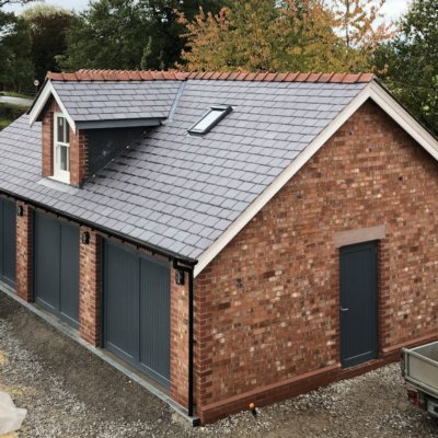 A new garage roof on the outskirts of Tarporley using new Penrhyn slates