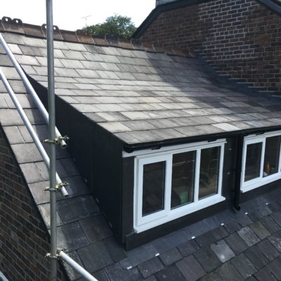 A restored Macclesfield roof, including a re-leaded dormer