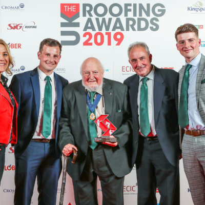 Three Generations of Emerton Roofing (from left to right: TV star Sarah Beeny, William Emerton, Gerald Emerton, Simon Emerton and Andrew Emerton)