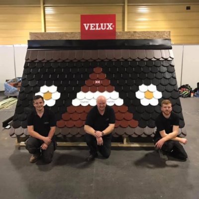 In front of their President's Prize winning roof, here we have William Emerton, Bob Coutts and Donal Harkin who made up the UK roofing team at the Young Roofer World Championships.